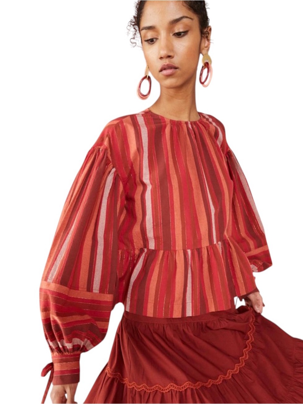 Ulla Johnson Red and Rust Striped Peplum Blouse